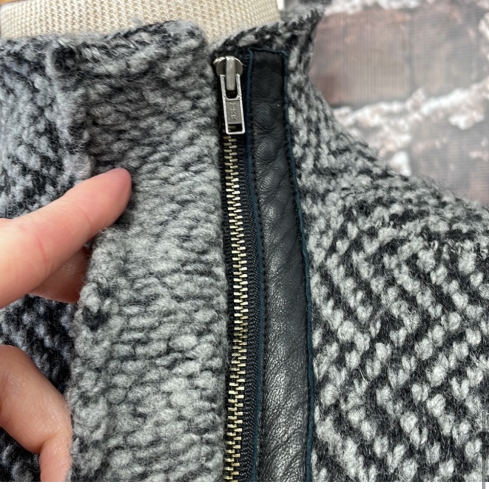 Eileen Fisher Jacket Leather Trim Organic Wool Alpaca Gray Chevron Size Medium - Picture 3 of 6